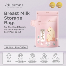 Autumnz - Pre-Sterilised Double Zip Lock Breastmilk Storage Bag (28 bags) With Easy Pour Spout *100ml/3.5oz*